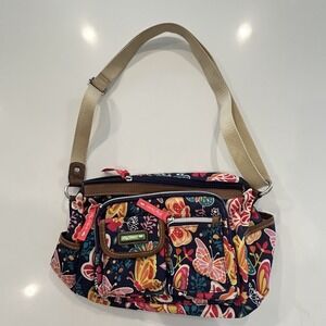 Lily Bloom Crossbody Bag Floral Print Blue Multi Color Adjust Strap Butterfly